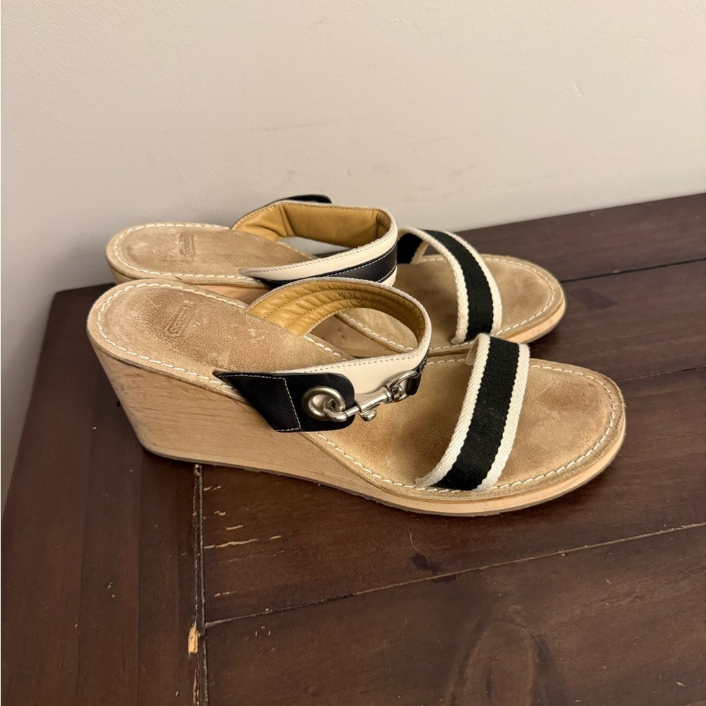 Coach Camilla Wedge Sandals Black Cream Stripe Made in Italy 8.5
